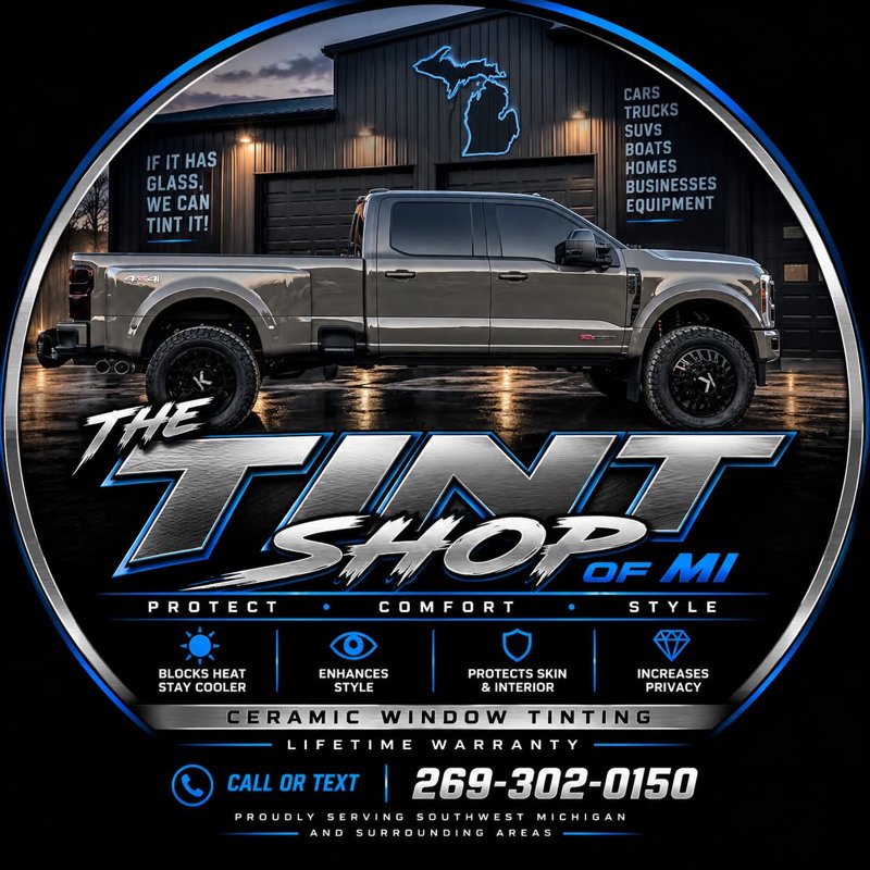 The Tint Shop of MI logo: an F-250 in front of the shop with a neon Michigan outline